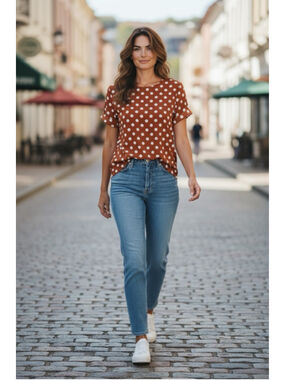 Women's CODE MODE Brown & White Polka Dot Short Sleeve Tee L